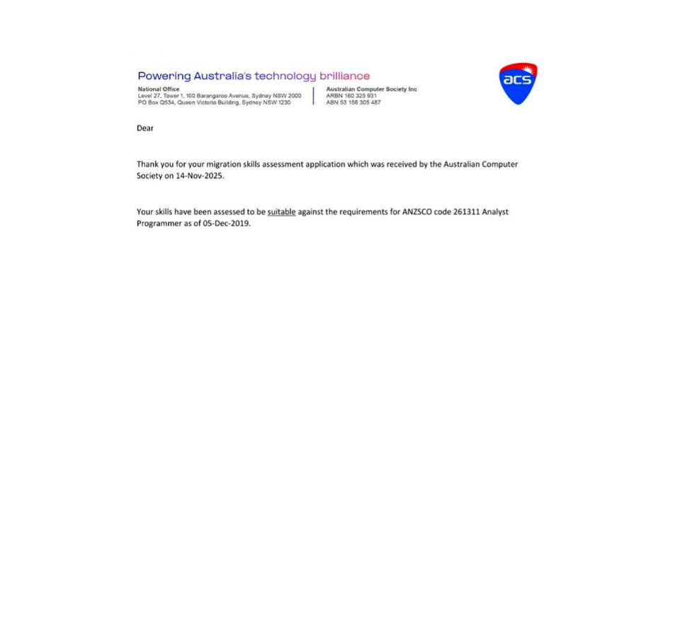 Successful skills assessment outcome example